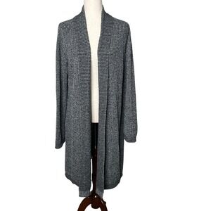 J Jill Gray Cardigan Sweater Sz Large Marled Waffle Knit Open Longline Lagenlook